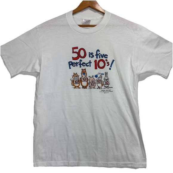 Other - VTG Shoebox Novelty 50th Birthday T-Shirt L White‎ "50 is Five Perfect 10's"
